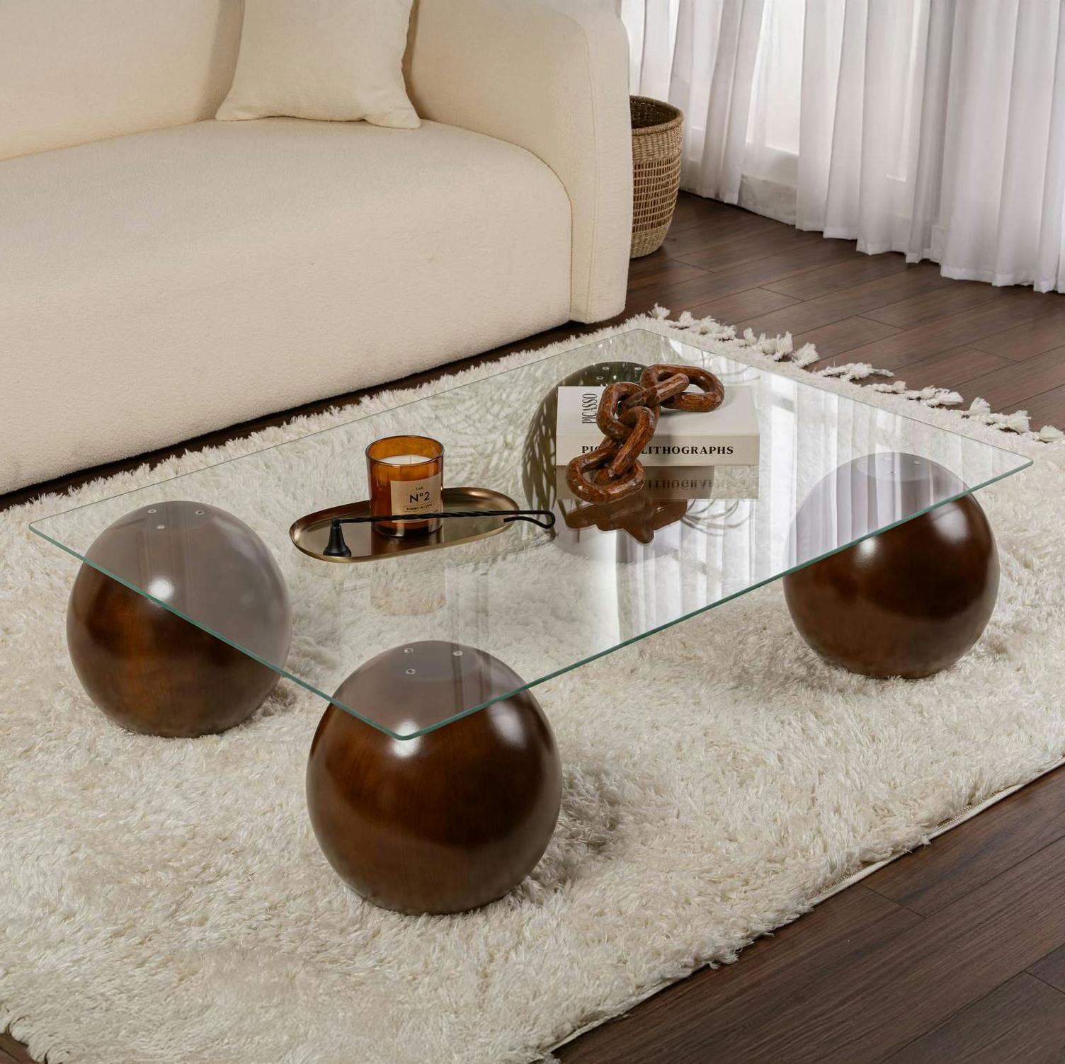 Table basse rectangulaire en verre 4 pieds boule KOCHI