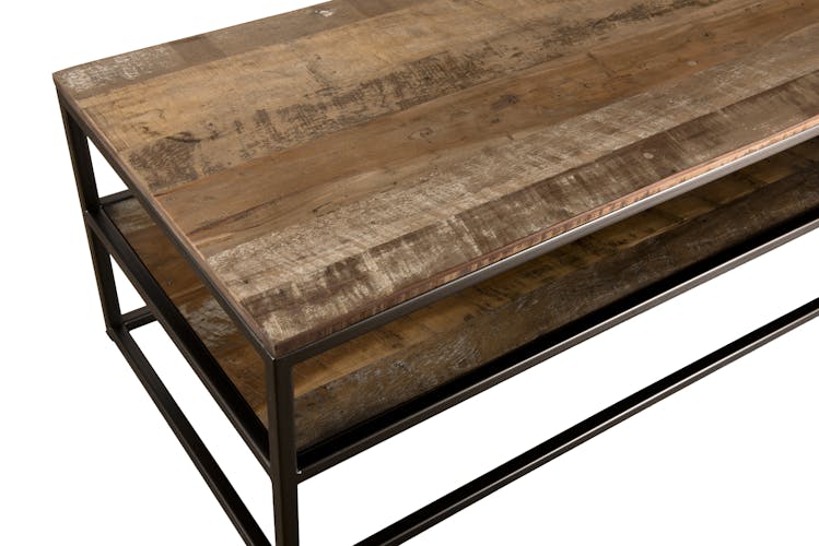 Table basse rectangulaire destructuree en bois recycle et metal de style contemporain