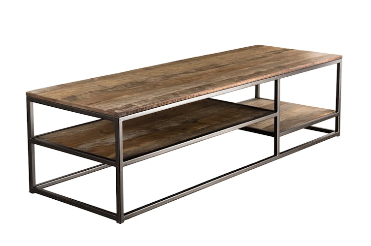 Table basse rectangulaire destructuree en bois recycle et metal de style contemporain
