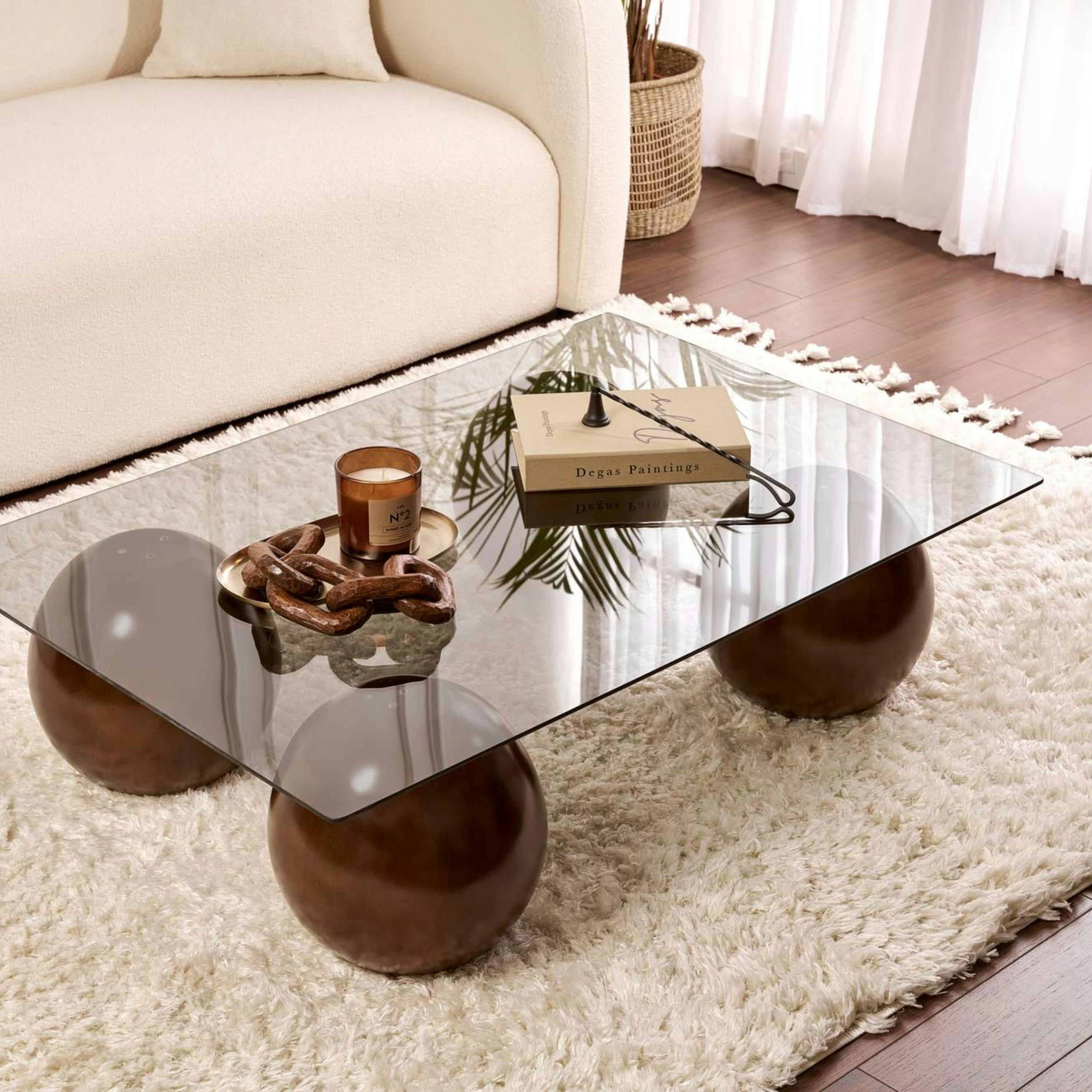 Table basse rectangulaire verre fumé 4 pieds boule KOCHI
