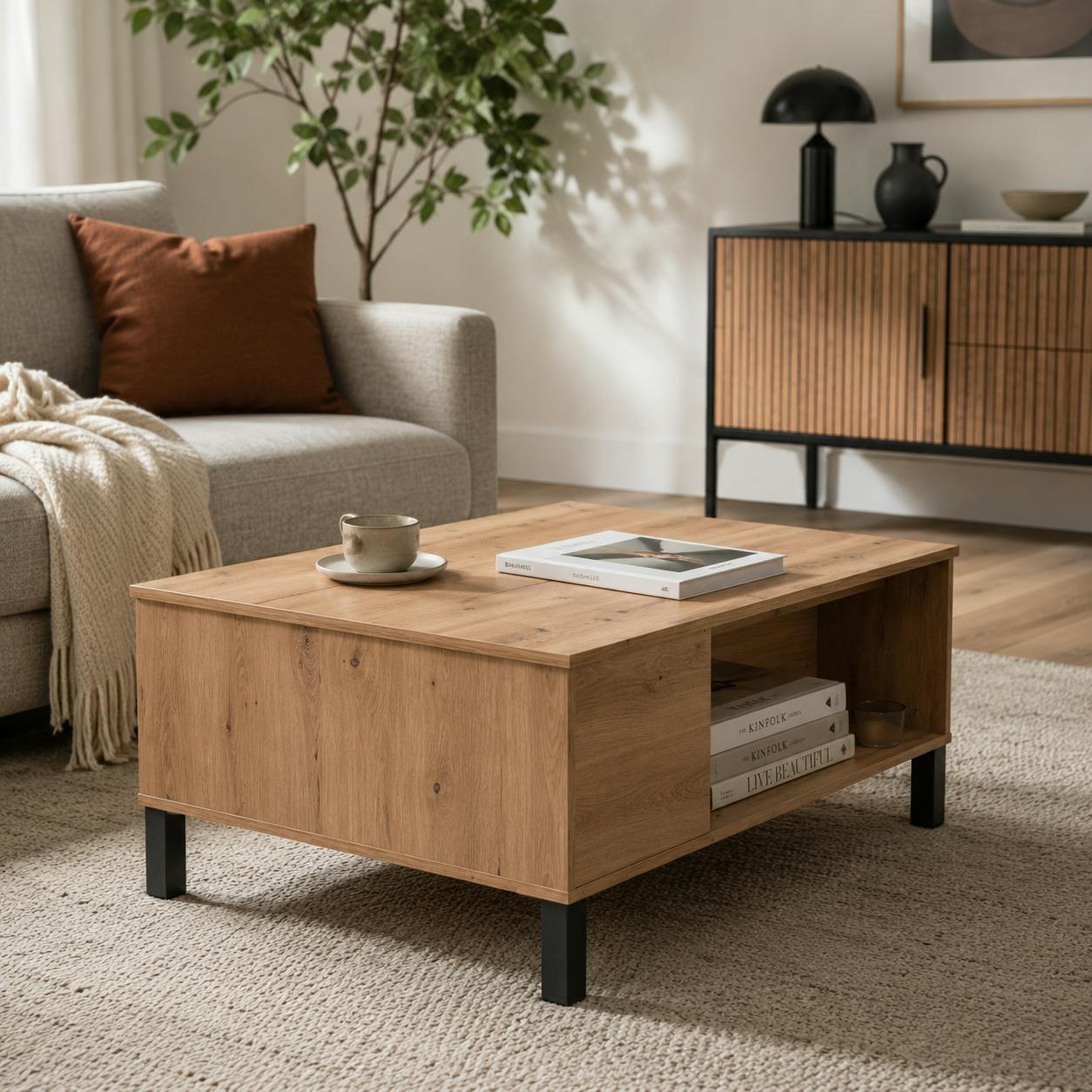 Table basse relevable effet bois avec rangement ALVA