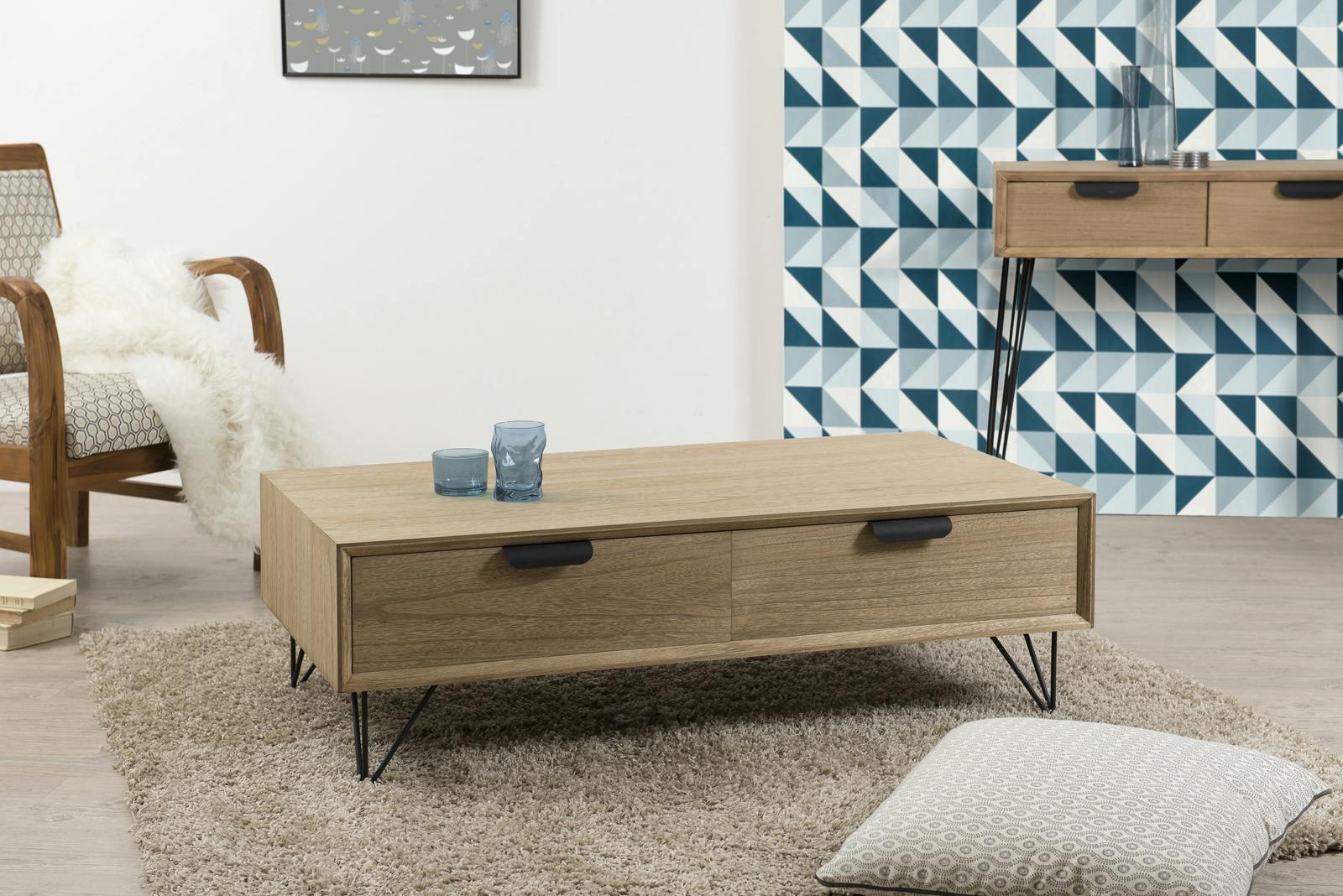 Table basse rectangulaire en bois pieds metal epingles style contemporain