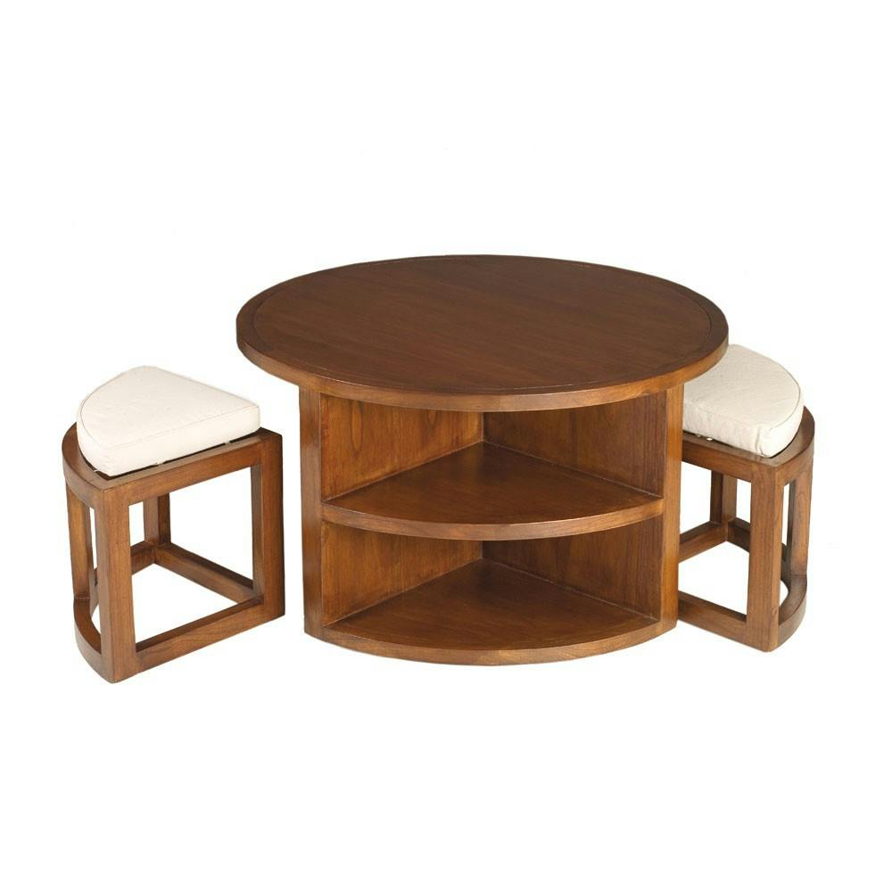 Table basse ronde 2 tabourets avec coussins D90cm LOLA