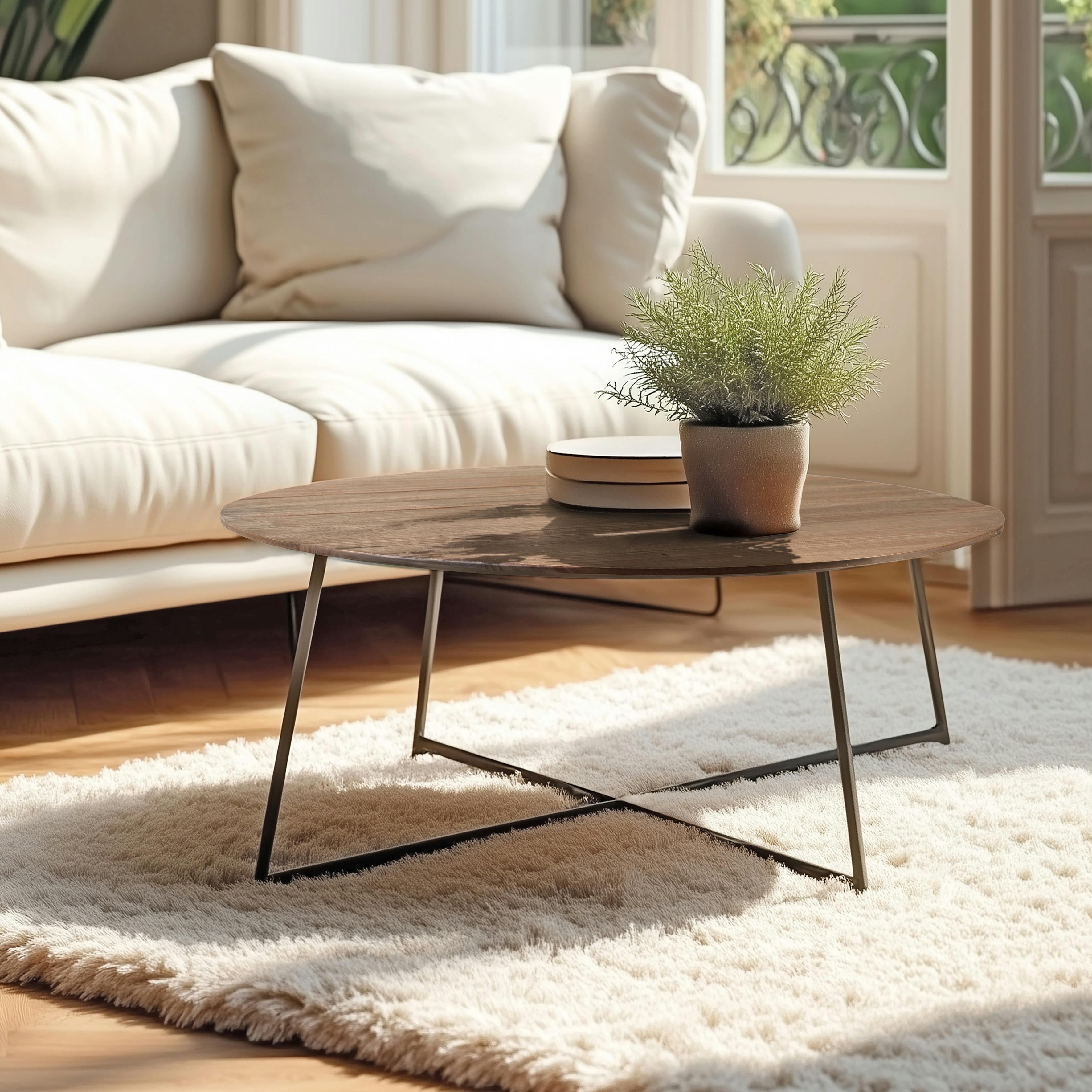 Table basse ronde 80x80cm en bois de mindi pieds en métal noir ARCUS