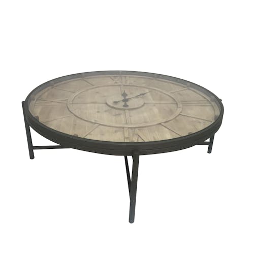 Table basse ronde avec horloge en métal et pin 106x106x37cm FERSCOTT