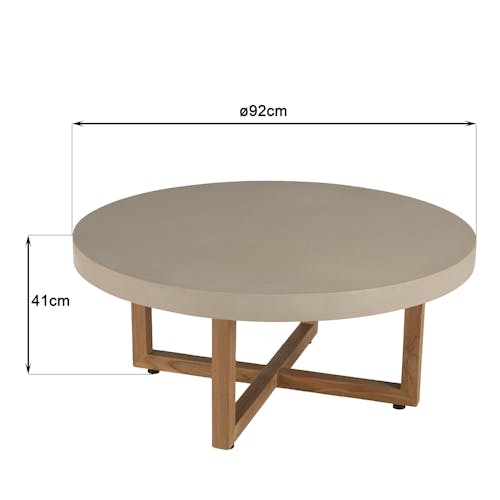 Table basse ronde béton beige pieds bois croisés DIKA