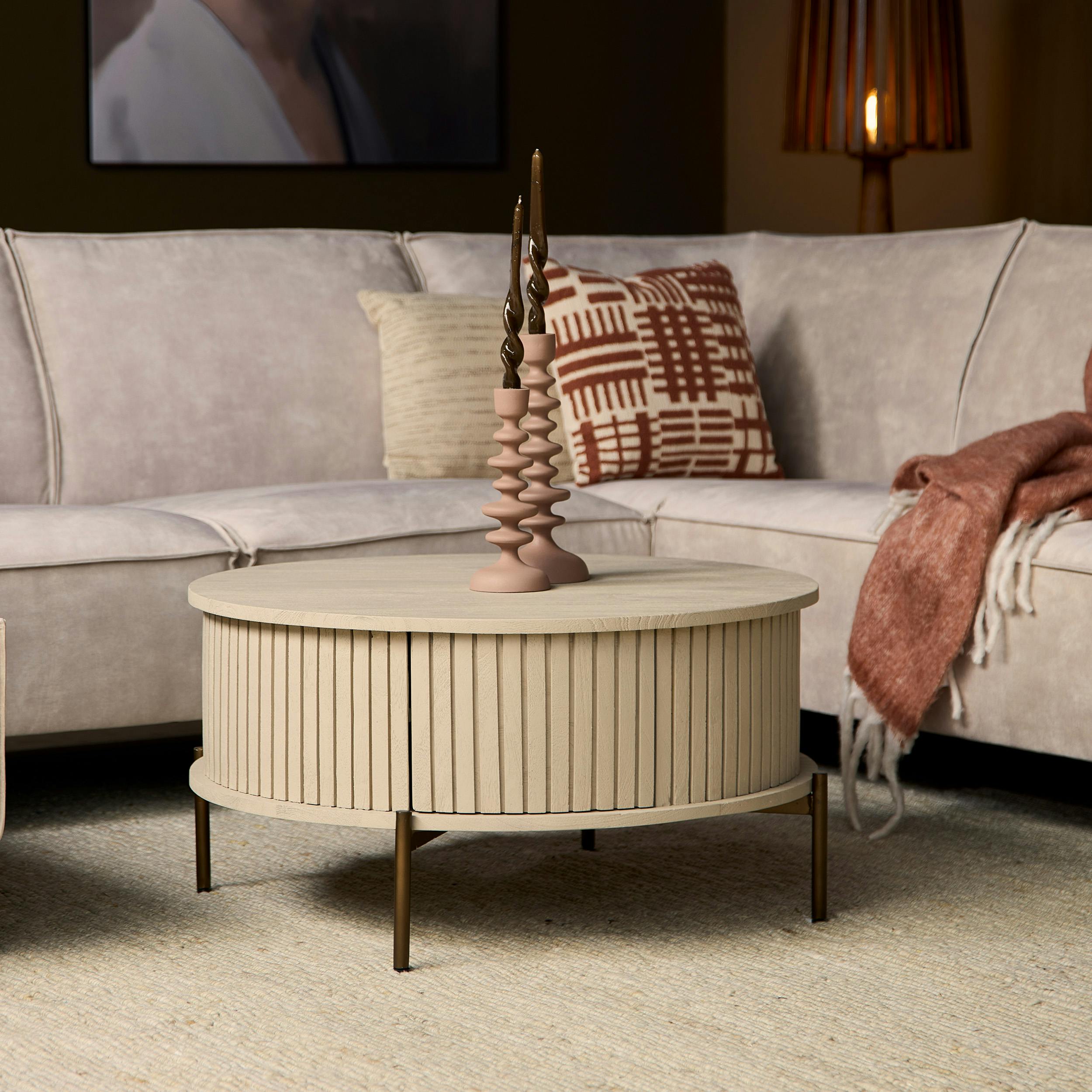 Table basse ronde bois beige 2 tiroirs rainurés CORTINA