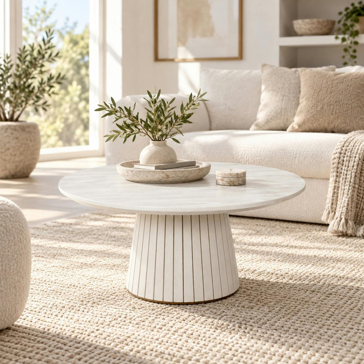 Table basse ronde bois beige à pied rainuré Ø80 cm CALERO