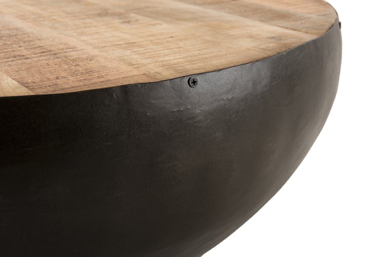 Table basse ronde en bois et metal noir de style industriel