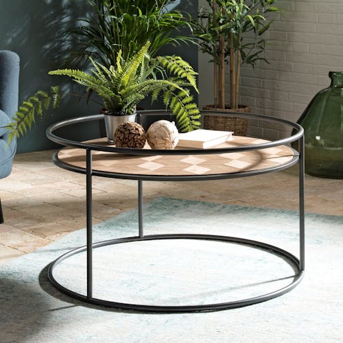 Table basse ronde en bois pieds metal de style industriel