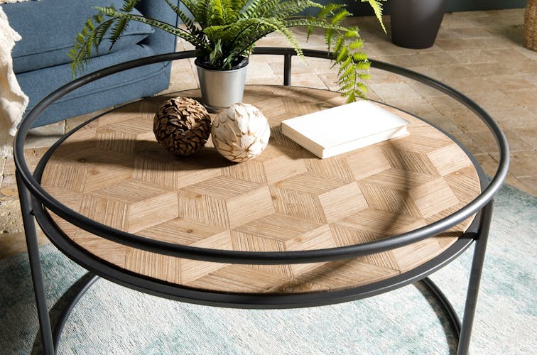 Table basse ronde en bois pieds metal de style industriel