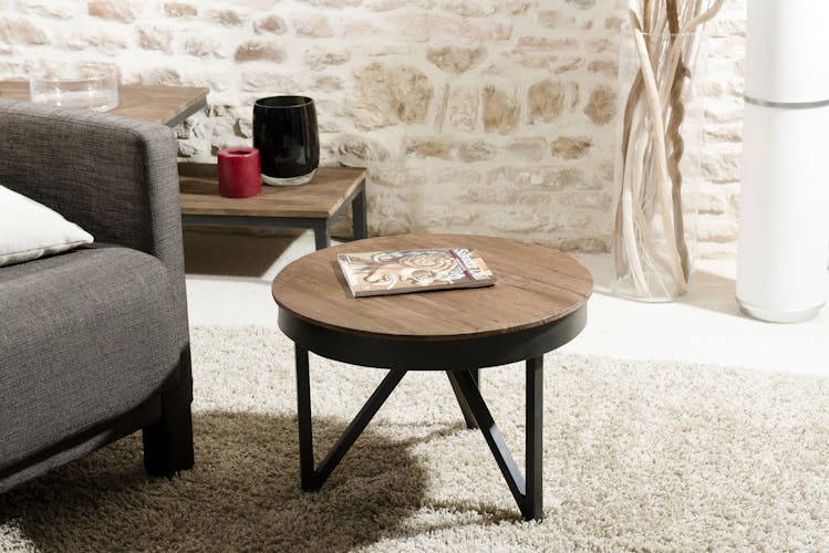 Table basse ronde en bois recycle et metal de style contemporain