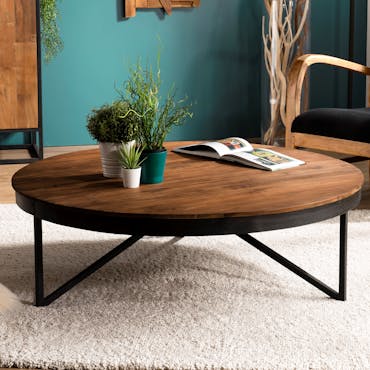  Table basse ronde en bois recycle et metal de style contemporain