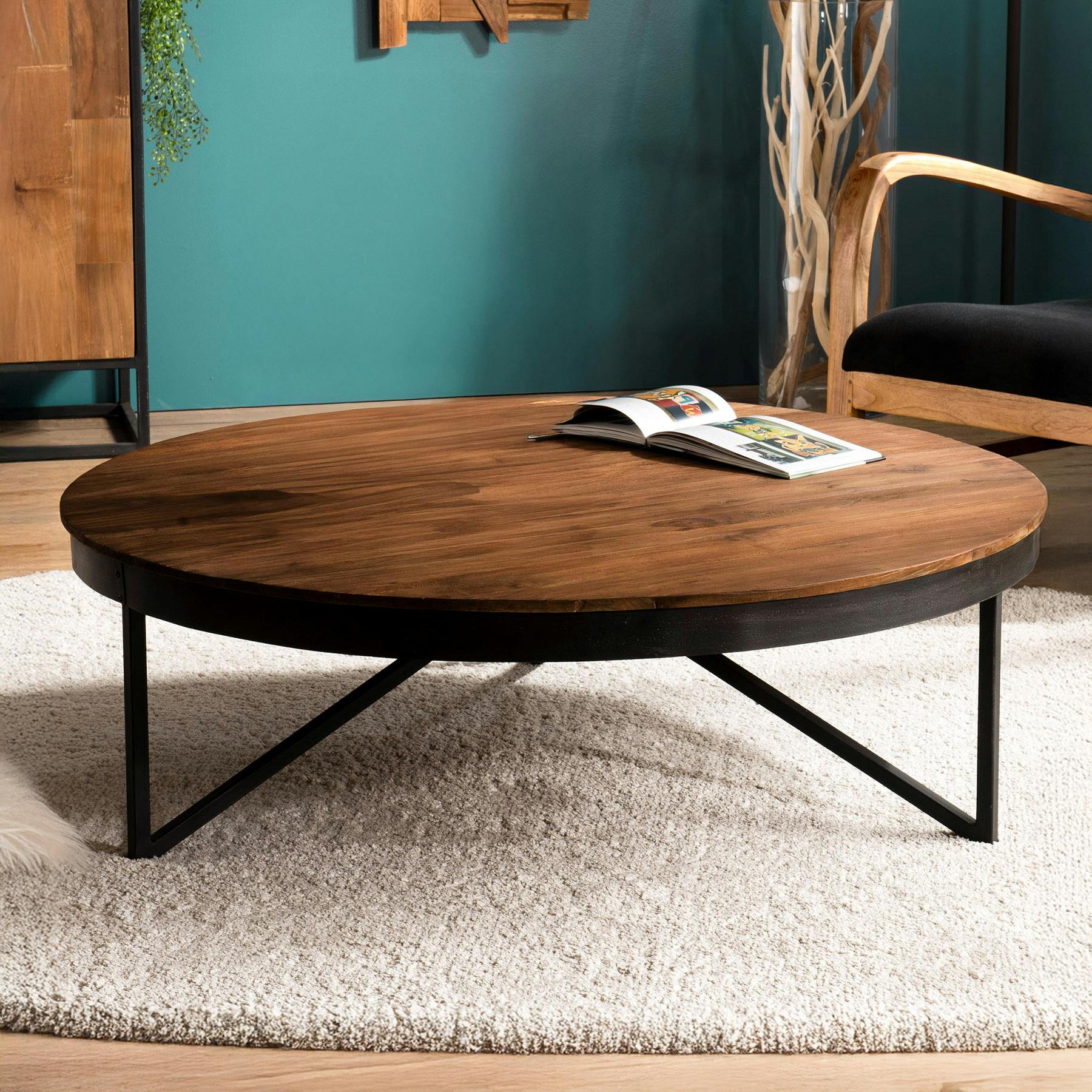 Table basse ronde en bois recycle et metal de style contemporain