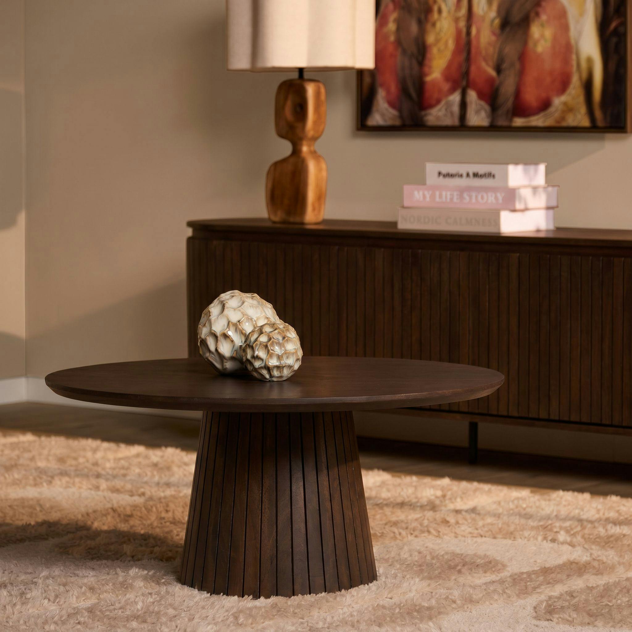 Table basse ronde bois marron à pied rainuré Ø80 cm CALERO