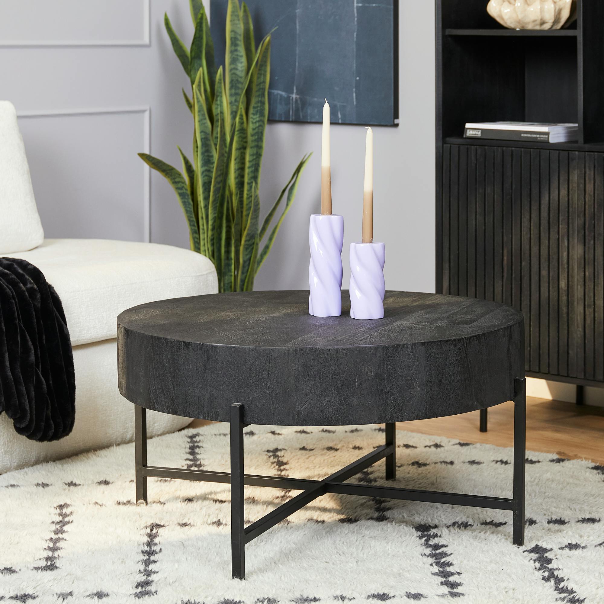 Table basse ronde bois noir à plateau épais Ø80 cm ALMA