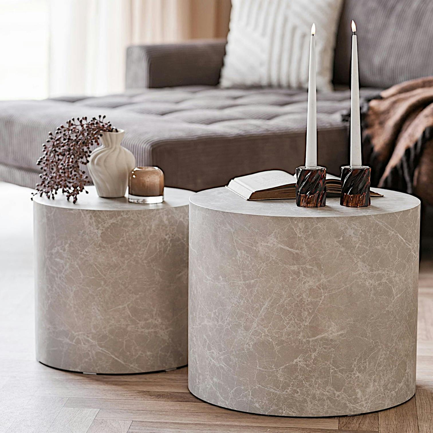 Table basse ronde design effet marbre grège (lot de 2) TORANO