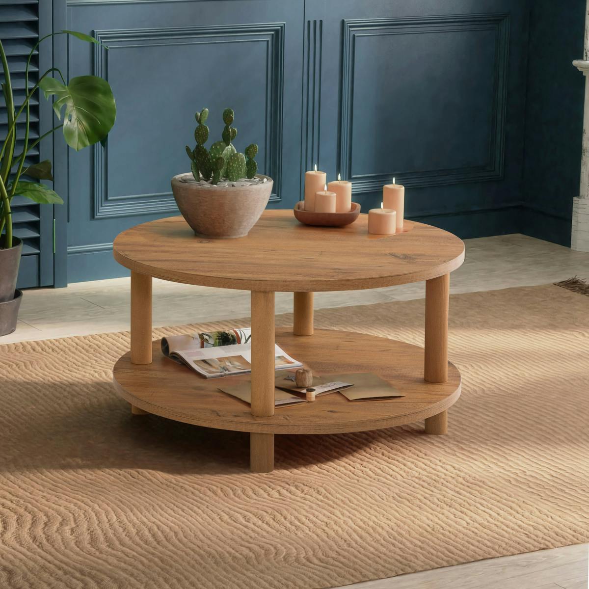 Table basse ronde double plateau effet bois de pin MARFA