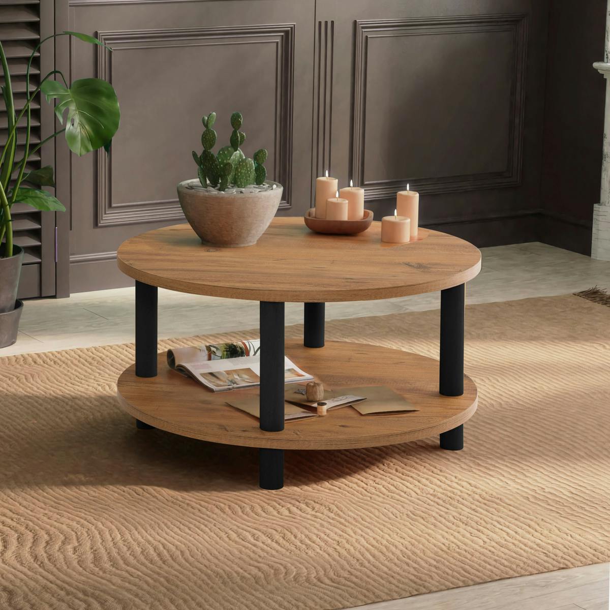 Table basse ronde double plateau effet pin détail noir MARFA