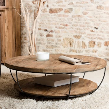  Table basse ronde en bois recycle et metal noir style contemporain