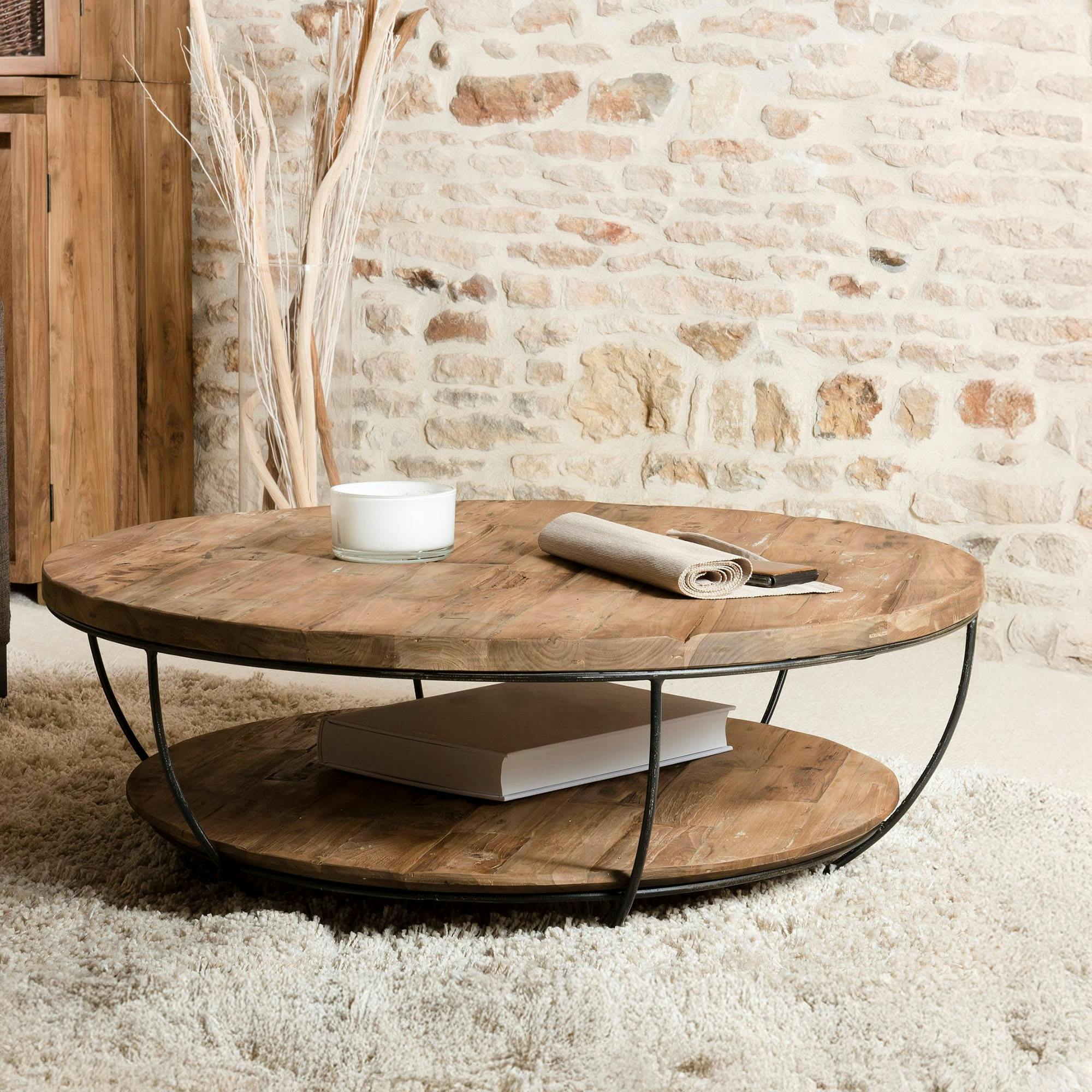 Table basse ronde en bois recycle et metal noir style contemporain