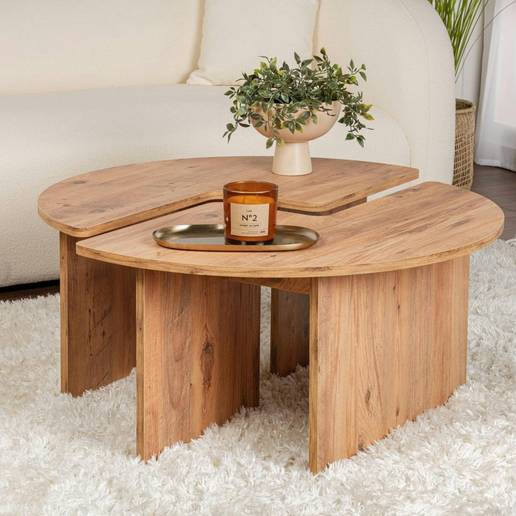 Table basse ronde effet bois de pin – design puzzle MARFA