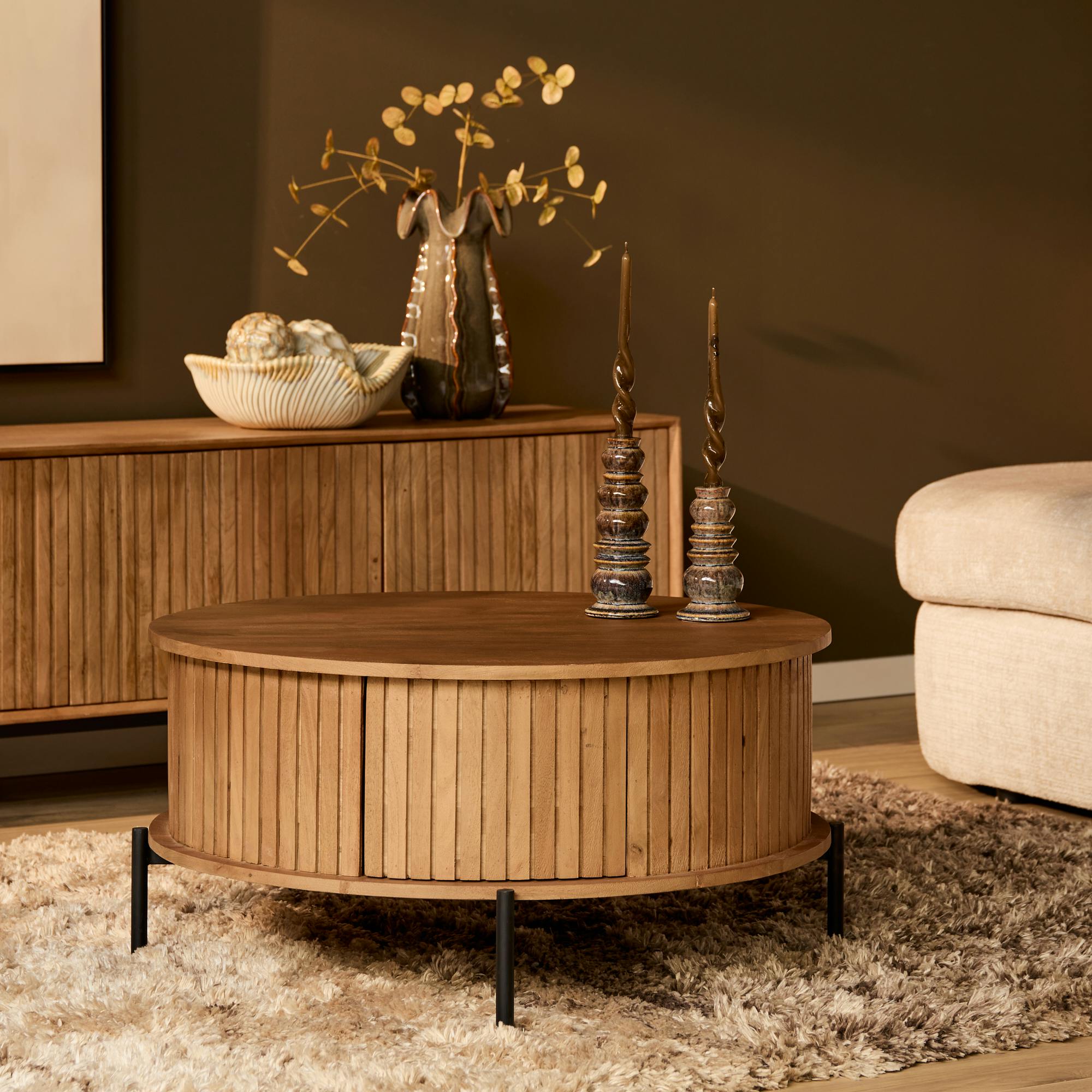 Table basse ronde en bois 2 tiroirs rainurés CORTINA