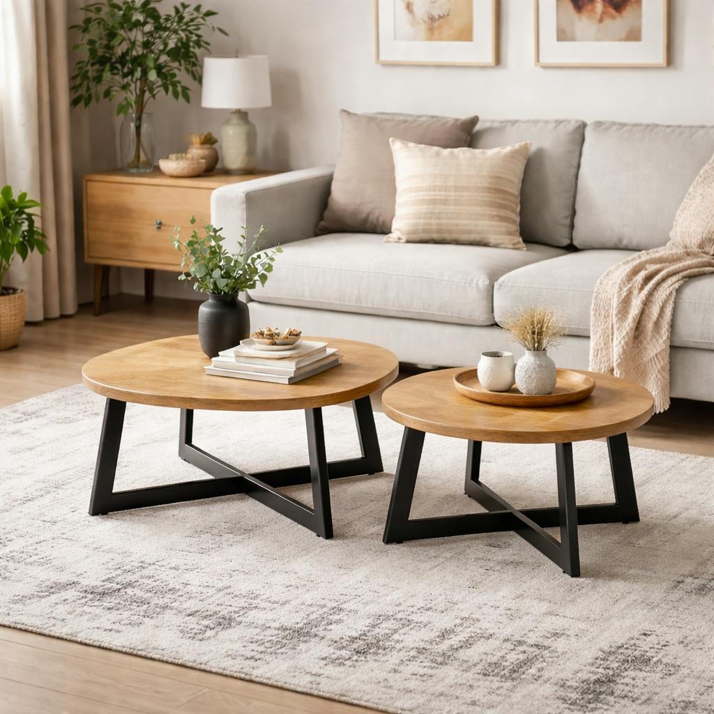 Table basse ronde en bois avec pied en croix (lot de 2) ALMA