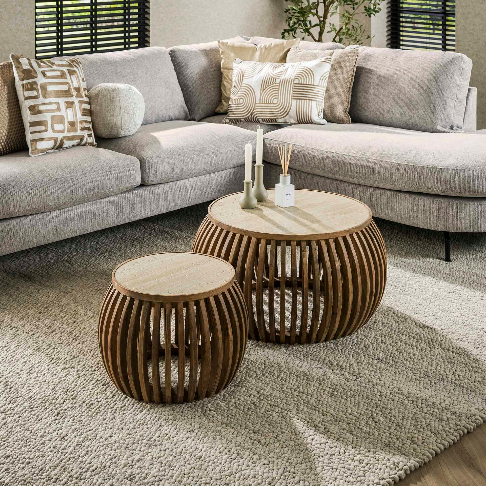 Table basse ronde en bois de manguier et céramique (lot de 2) ASCOLI
