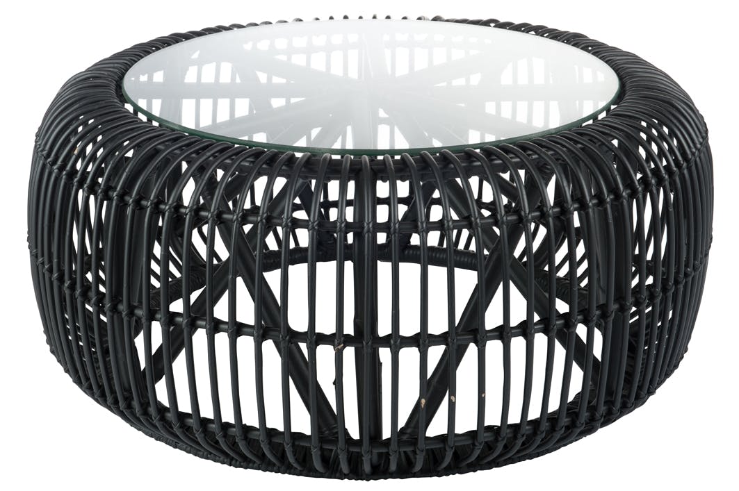 Table basse ronde en rotin noir, plateau verre D85cm