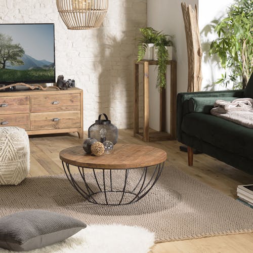 Table basse ronde en teck recyclé et métal D80cm SWING