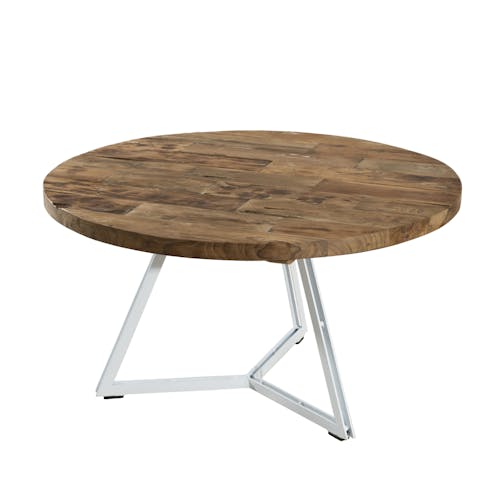 Table basse ronde en Teck recyclé et pieds métal blanc et bois D75xH41cm SWING