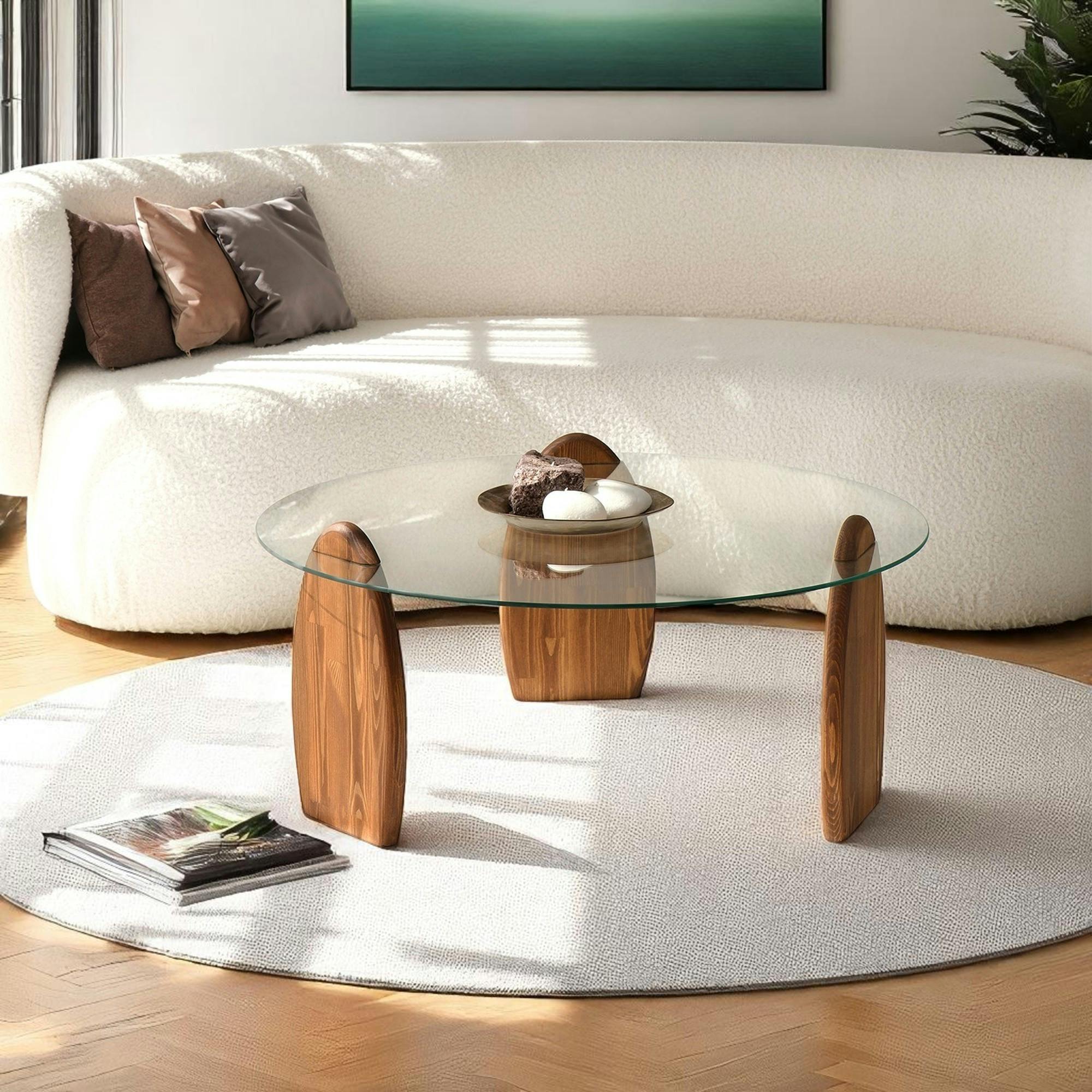 Table basse ronde en verre - 3 pieds bois brun ANZIO