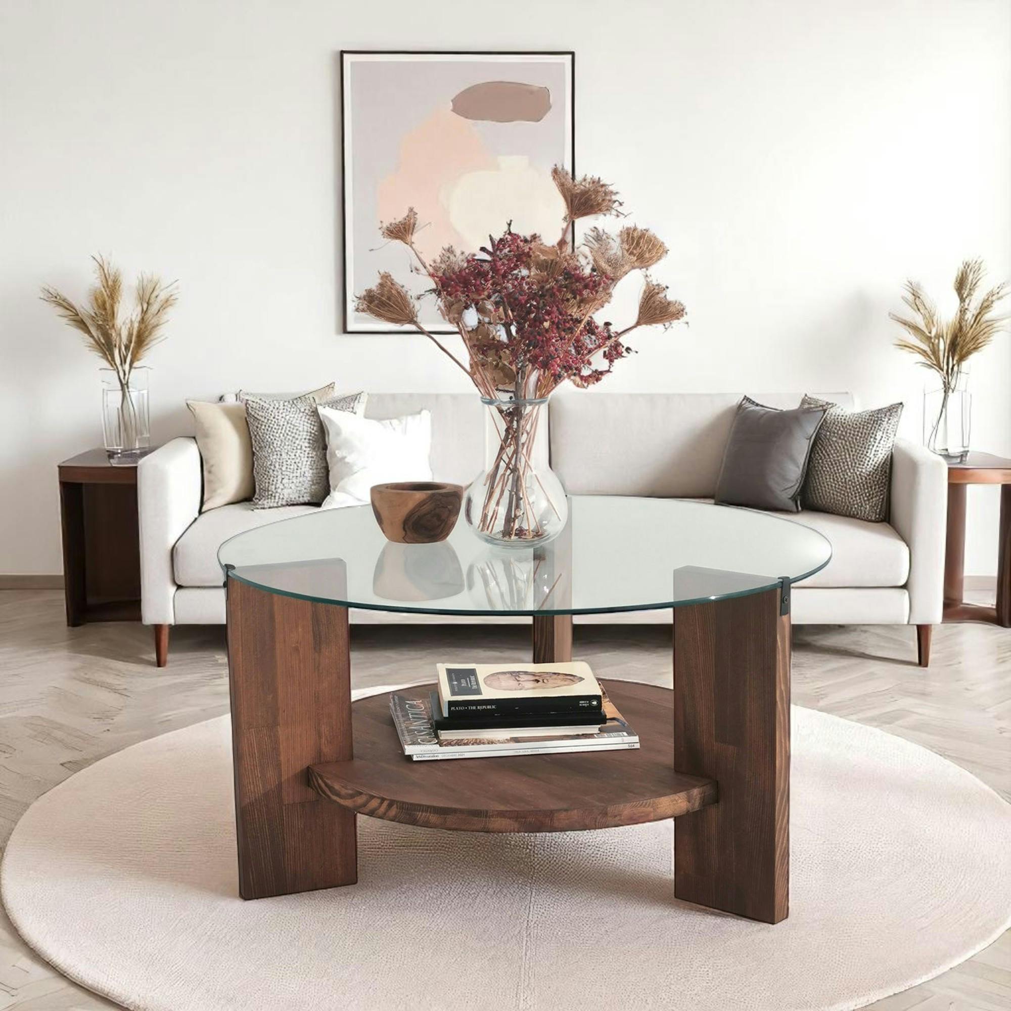 Table basse ronde en verre et bois brun - 2 plateaux ANZIO