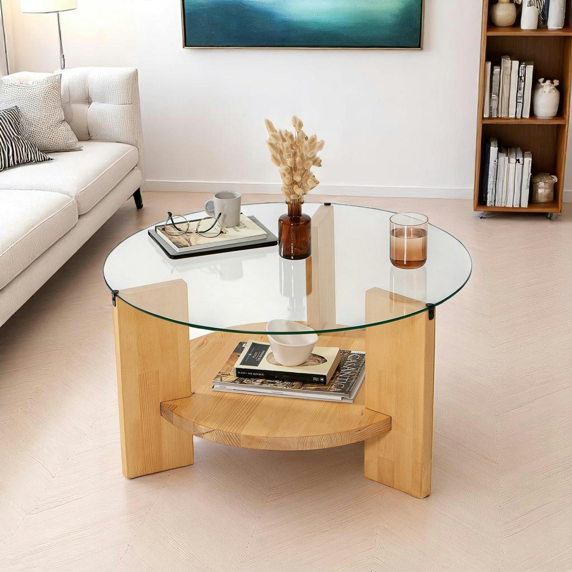 Table basse ronde en verre et bois clair - 2 plateaux ANZIO