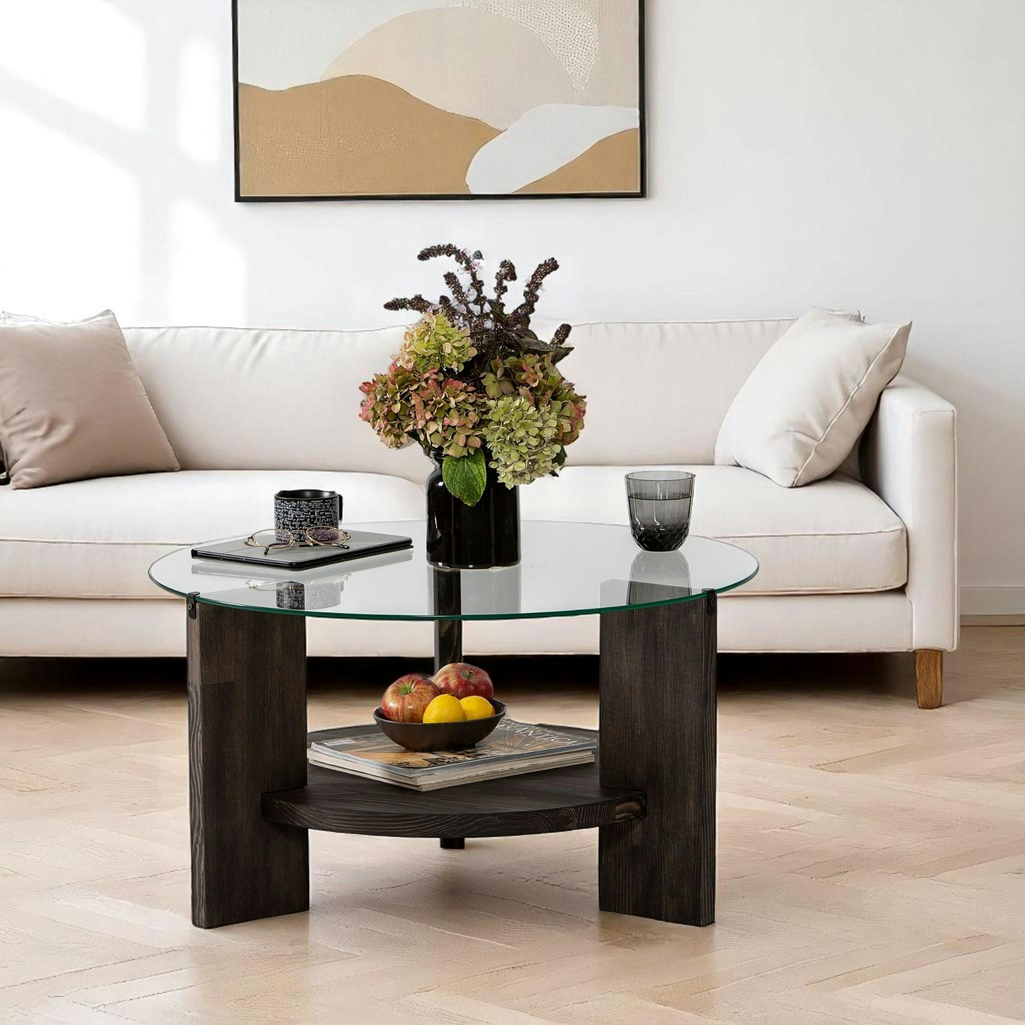 Table basse ronde en verre et bois foncé - 2 plateaux ANZIO