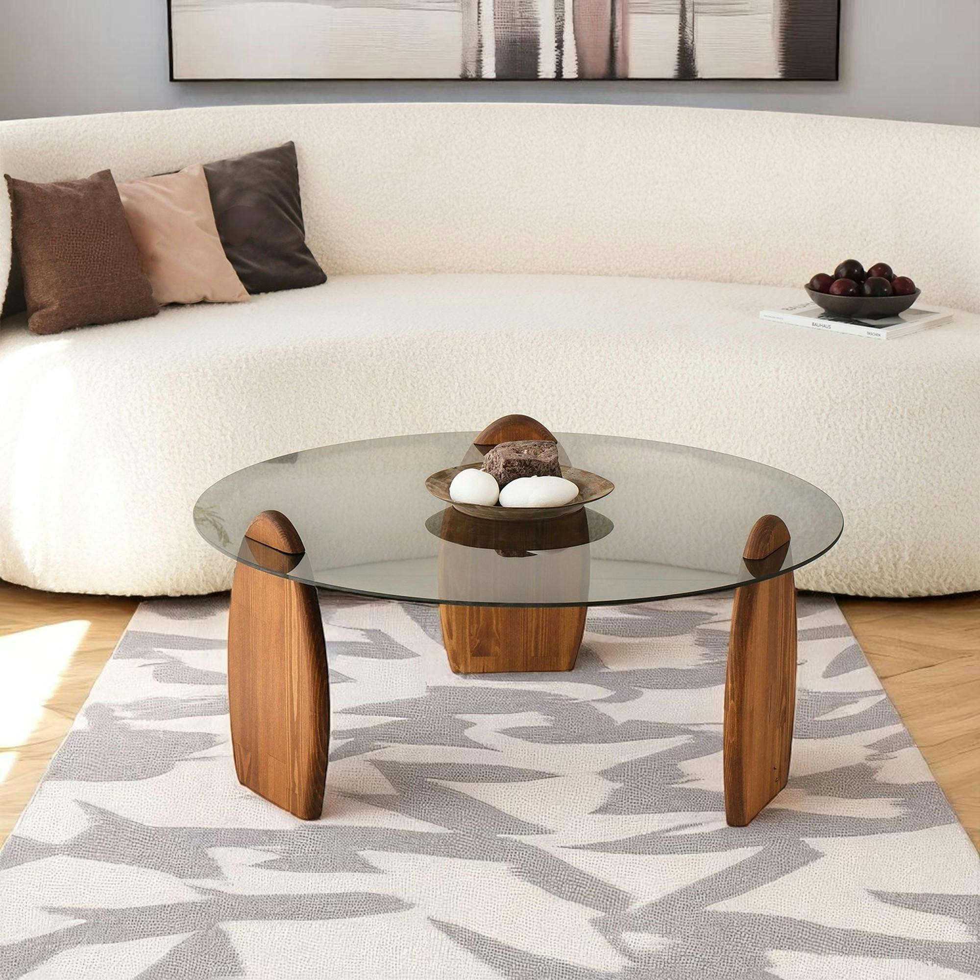 Table basse ronde en verre fumé - 3 pieds bois brun ANZIO
