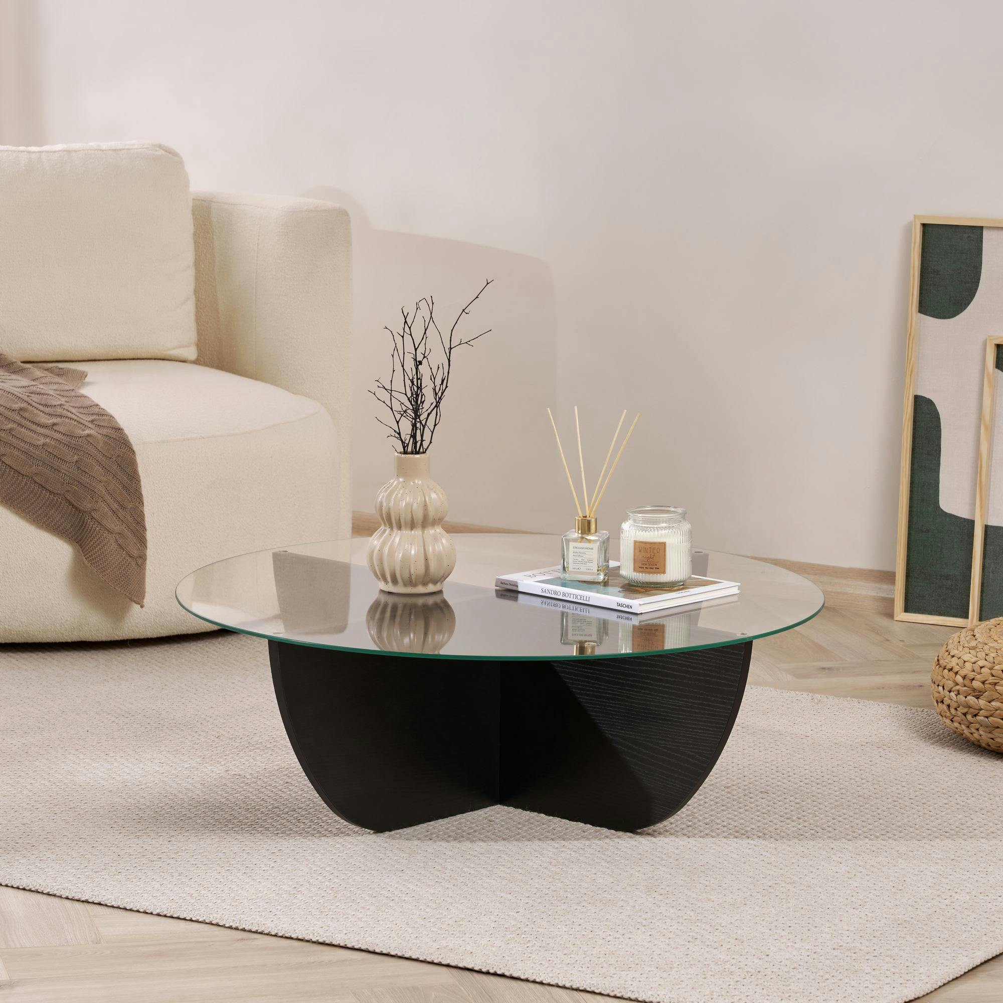 Table basse ronde en verre pied croisé effet bois noir SALTA