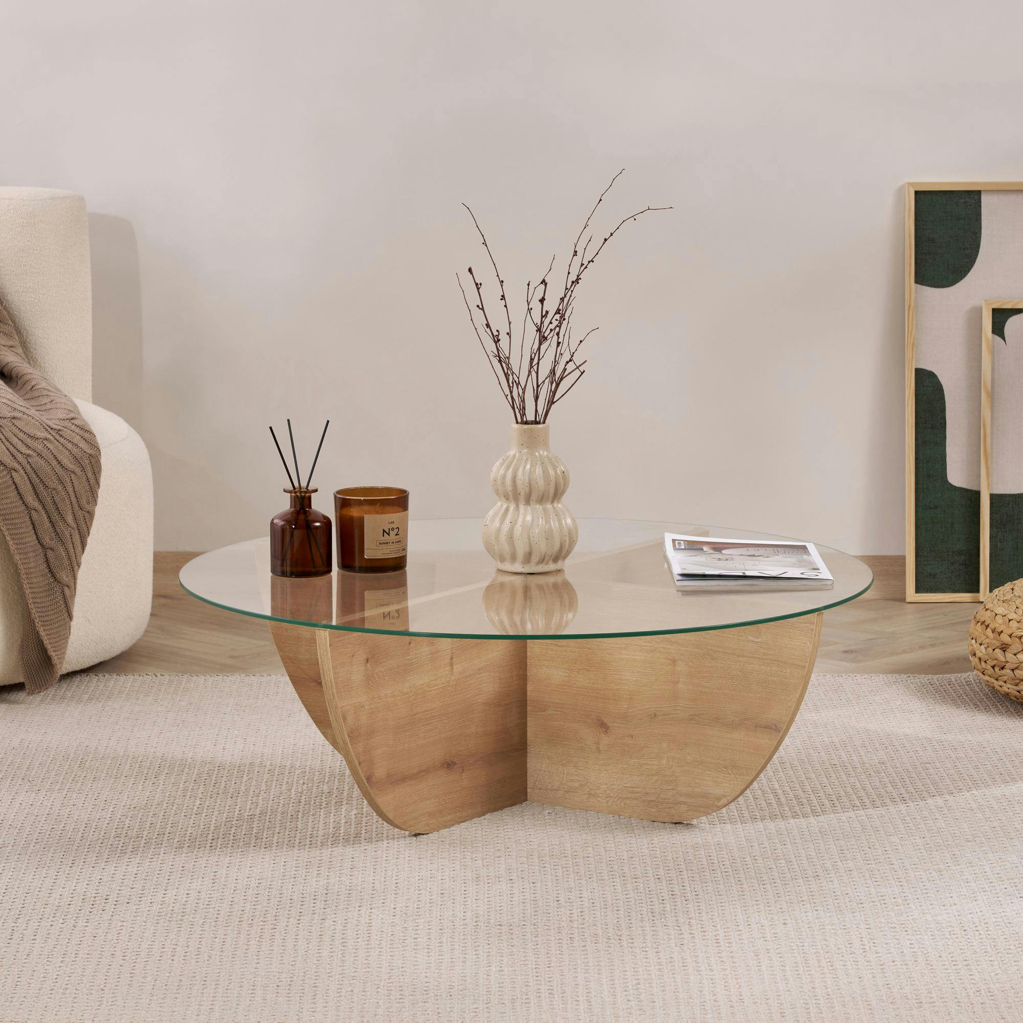 Table basse ronde en verre pied croisé effet bois SALTA