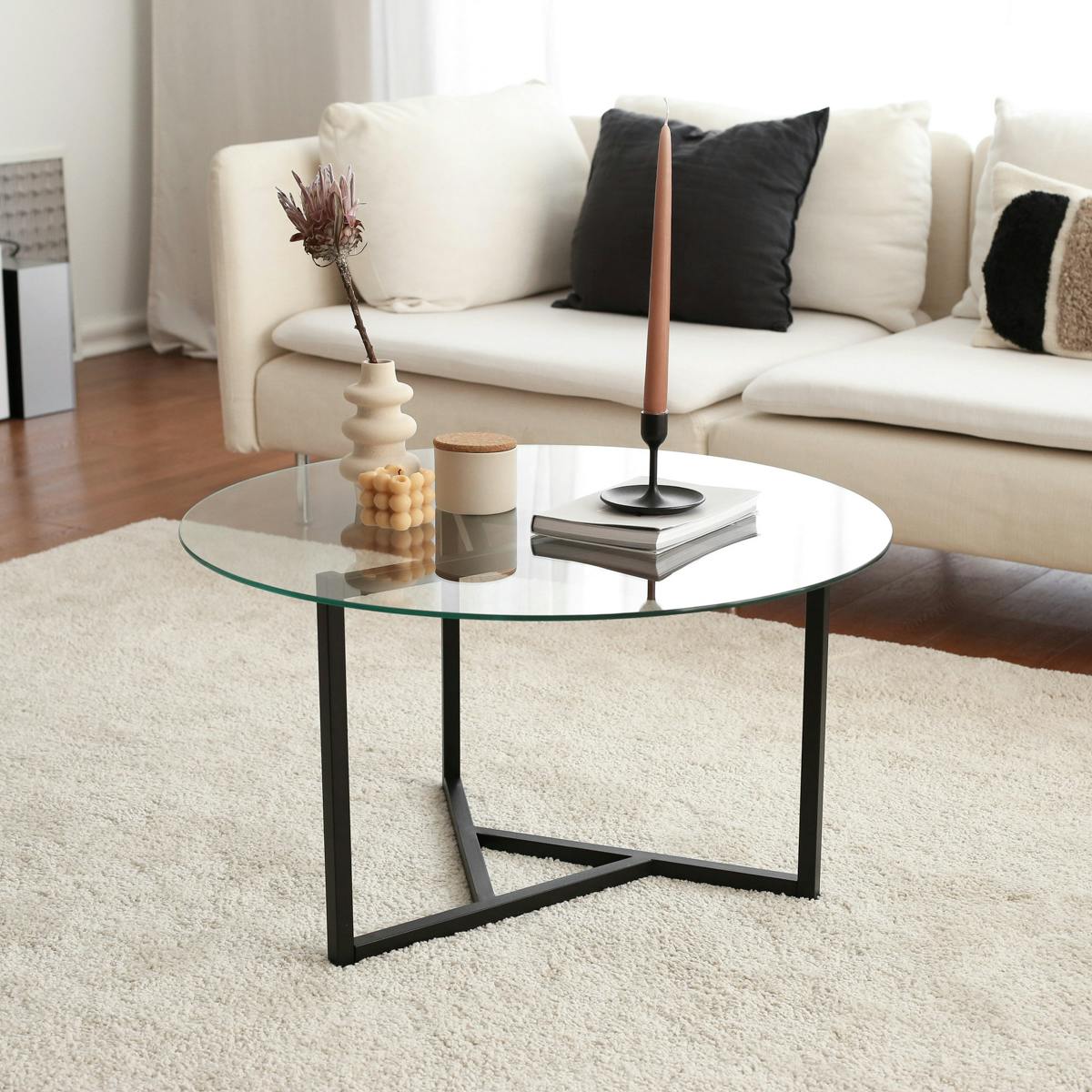 Table basse ronde en verre, pied noir 3 branches TULUM