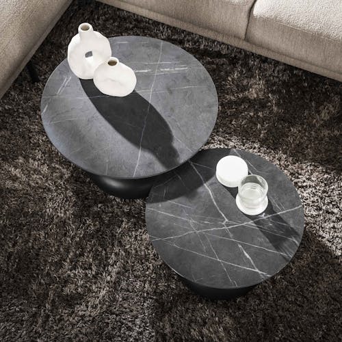 Table basse ronde forme organique plateau effet marbre noir (lot de 2) RALF