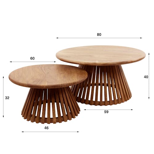 Table basse ronde gigogne motif baguette en bois de manguier (lot de 2) DELHI