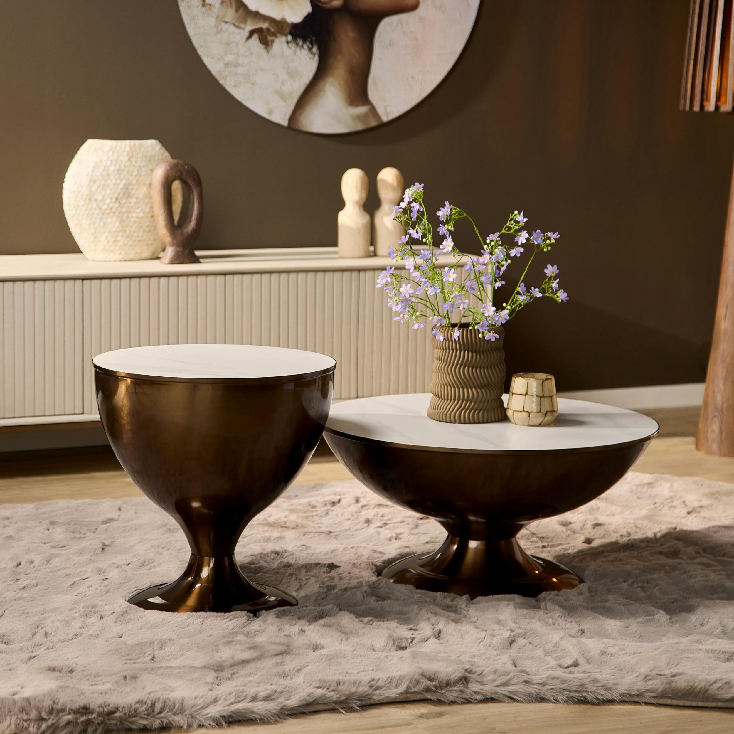 Table basse ronde marbre blanc métal (x2) 75 cm DUOMO