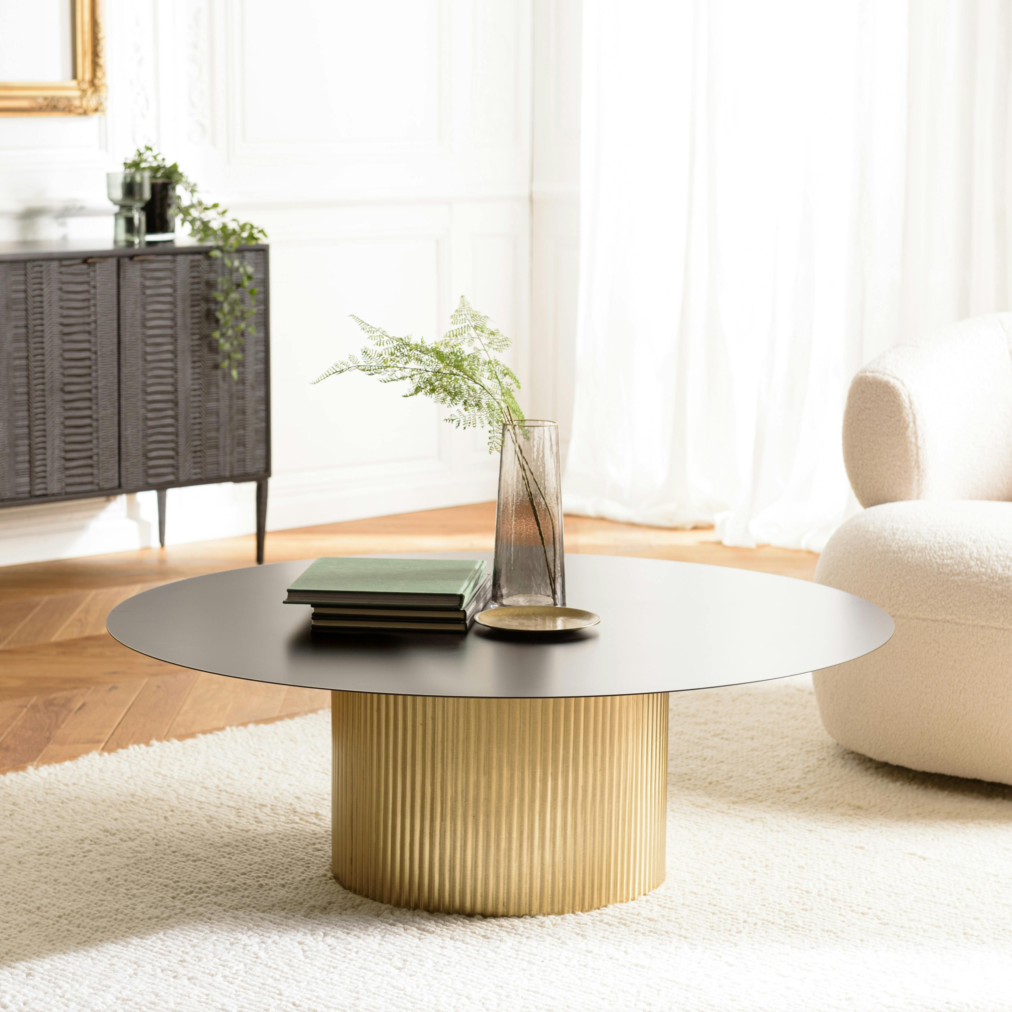 Table basse ronde métal noir pied central doré ZALA