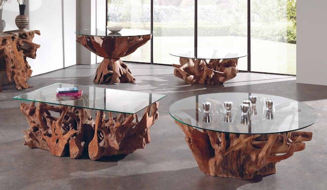Table basse en bois de racine plateau verre de style exotique