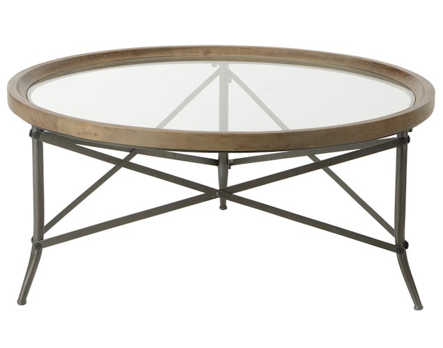 Table basse ronde plateau verre contour bois