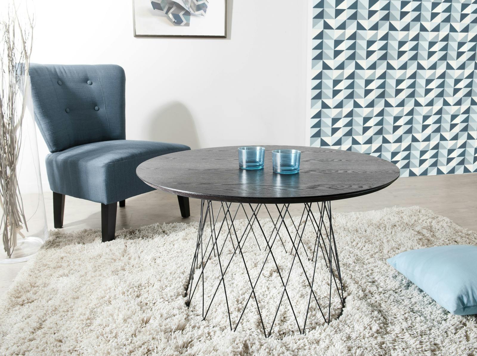 Table basse ronde rétro bois et pied rond métal noir tiges croisées 80X80X46cm LANDAISE