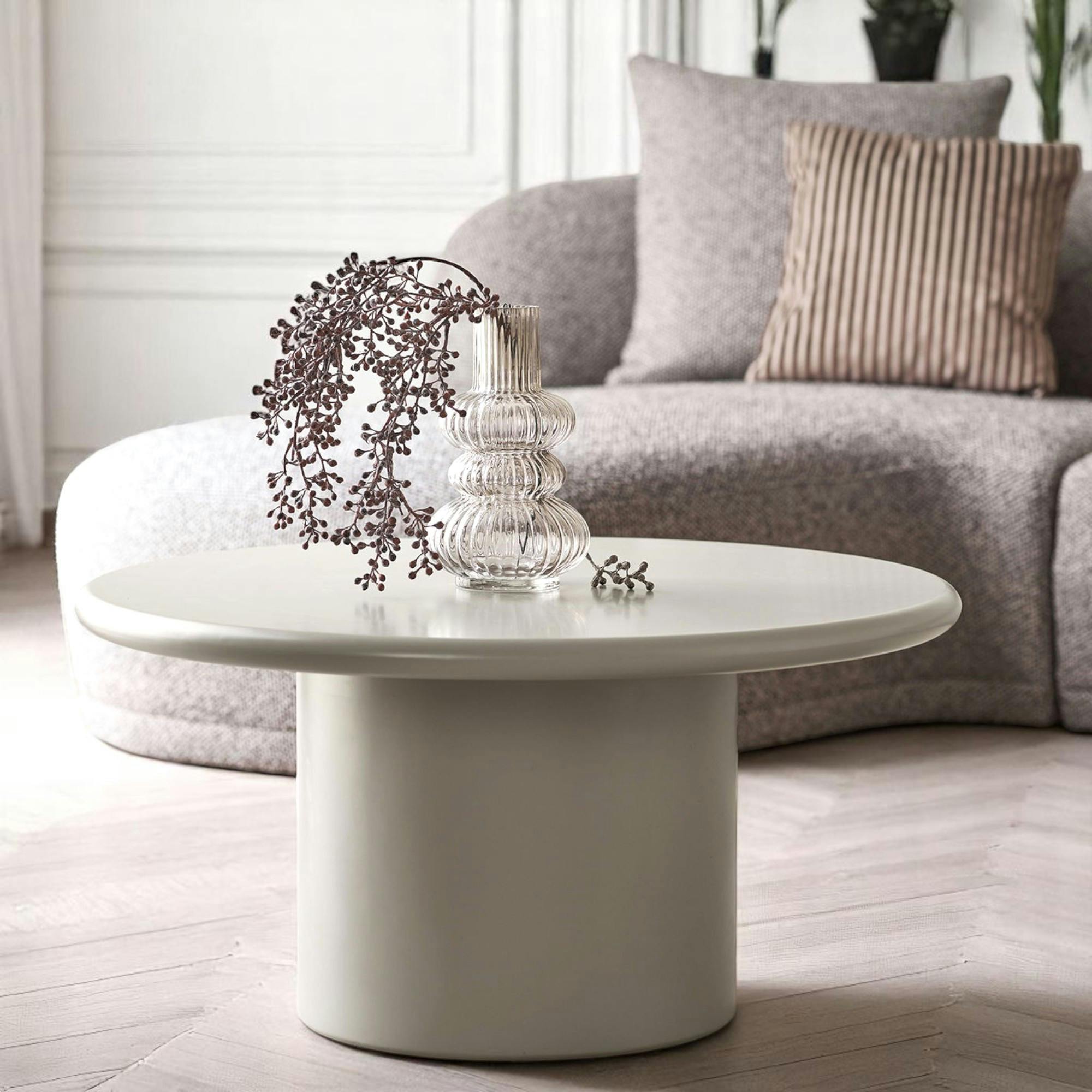 Table basse ronde sable - design minimaliste, pied cylindrique ALBERTA