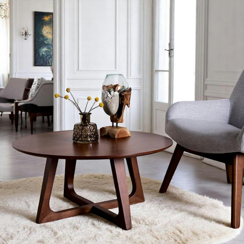 Table basse ronde style vintage - pieds croisés, finition noyer LILLEHAMMER