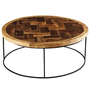  Table basse ronde en bois et metal noir de style exotique